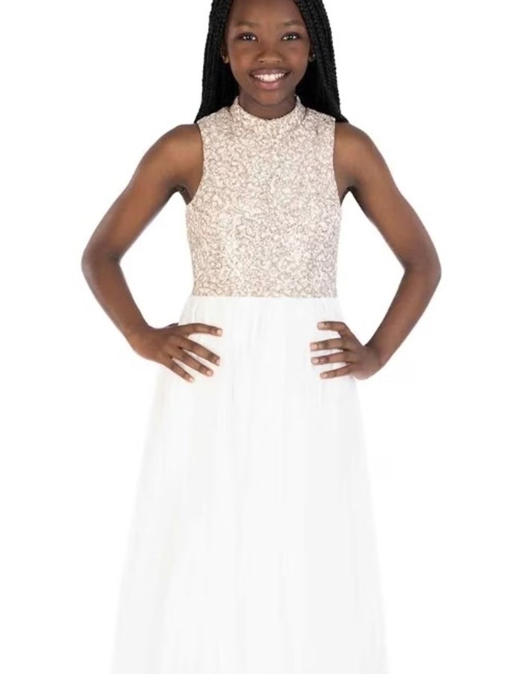 Speechless Girls' Sleeveless White Dress with Rose Gold Sequin Bodice